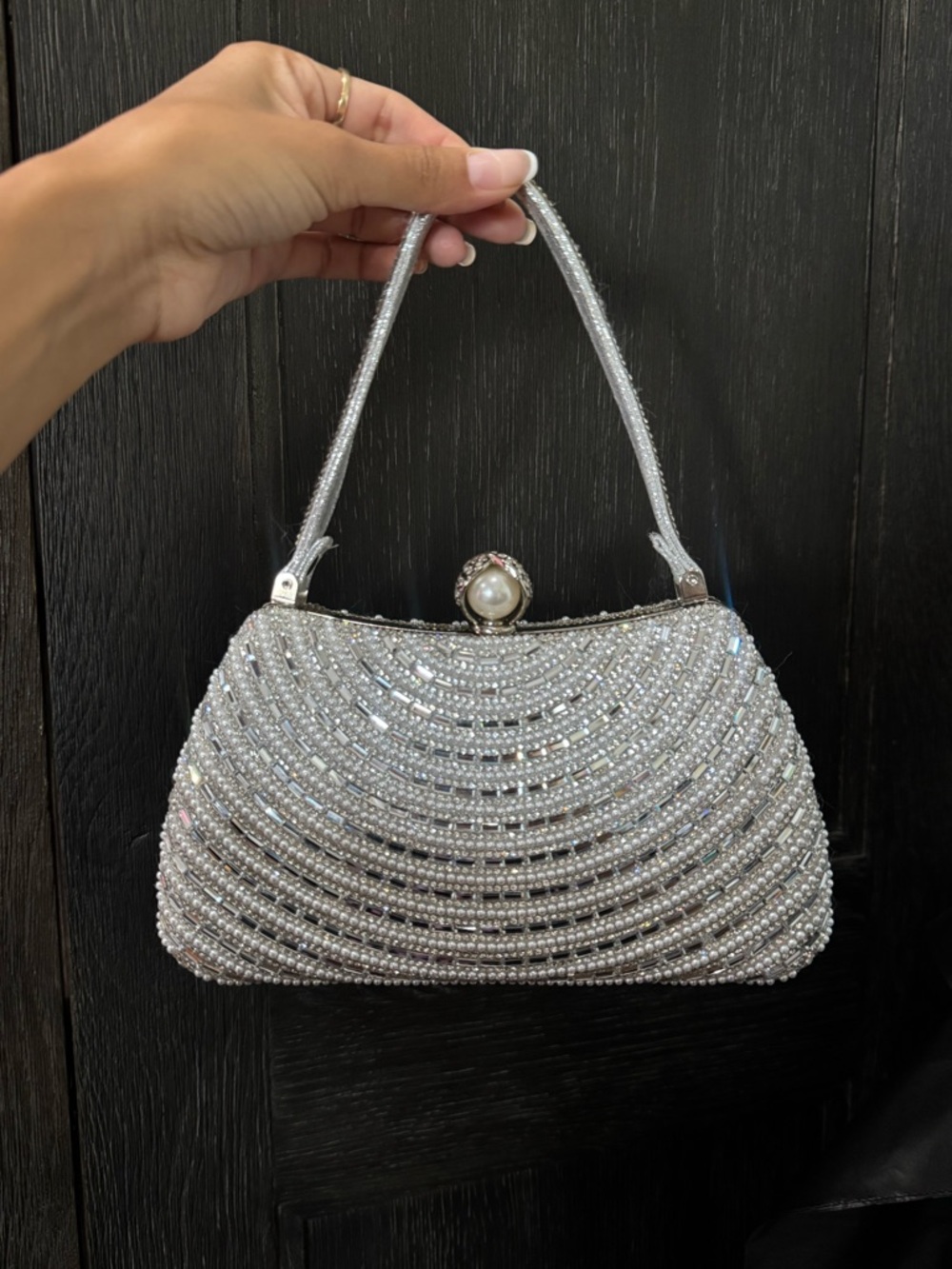 Silver Beaded Handbag with Pearl Clasp